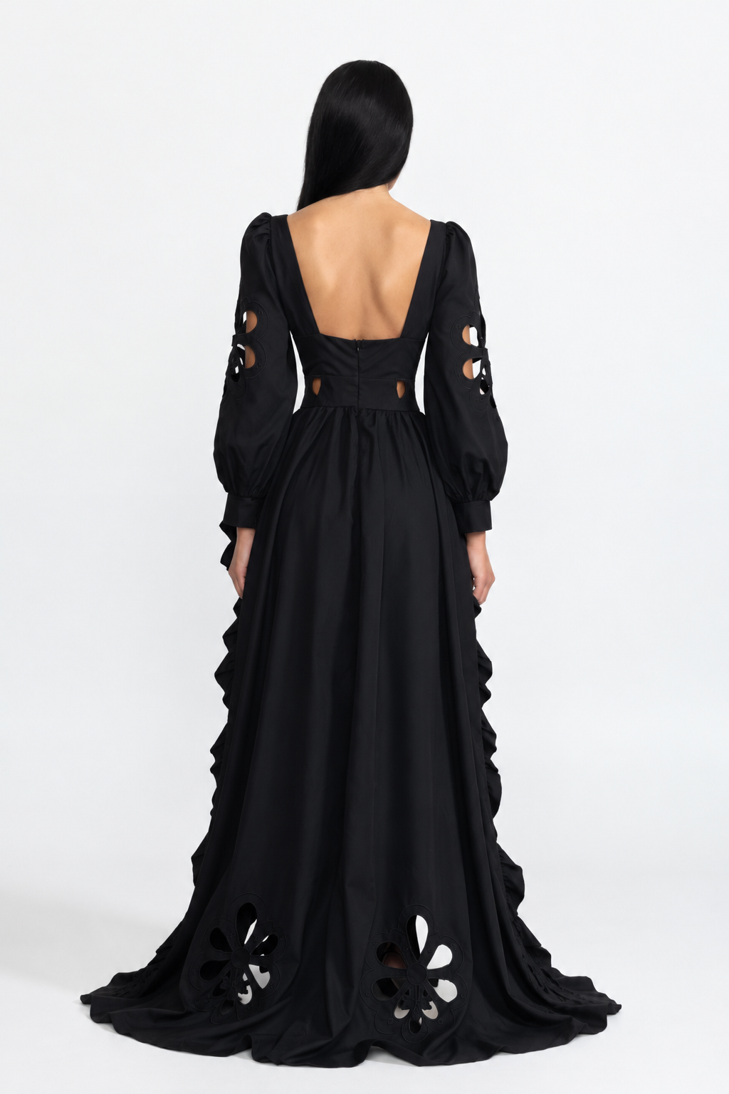Embroidered Cutout Puff Sleeve High-Low Ruffle Gown - Black