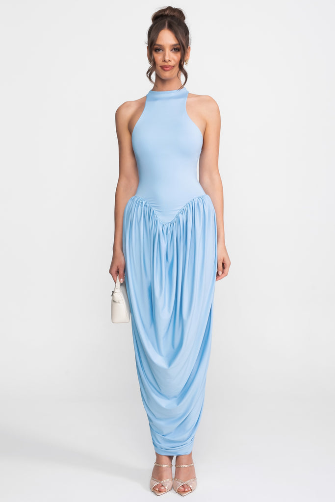 Halter-Neck Maxi Dress With Gathered Balloon Skirt - Light Blue