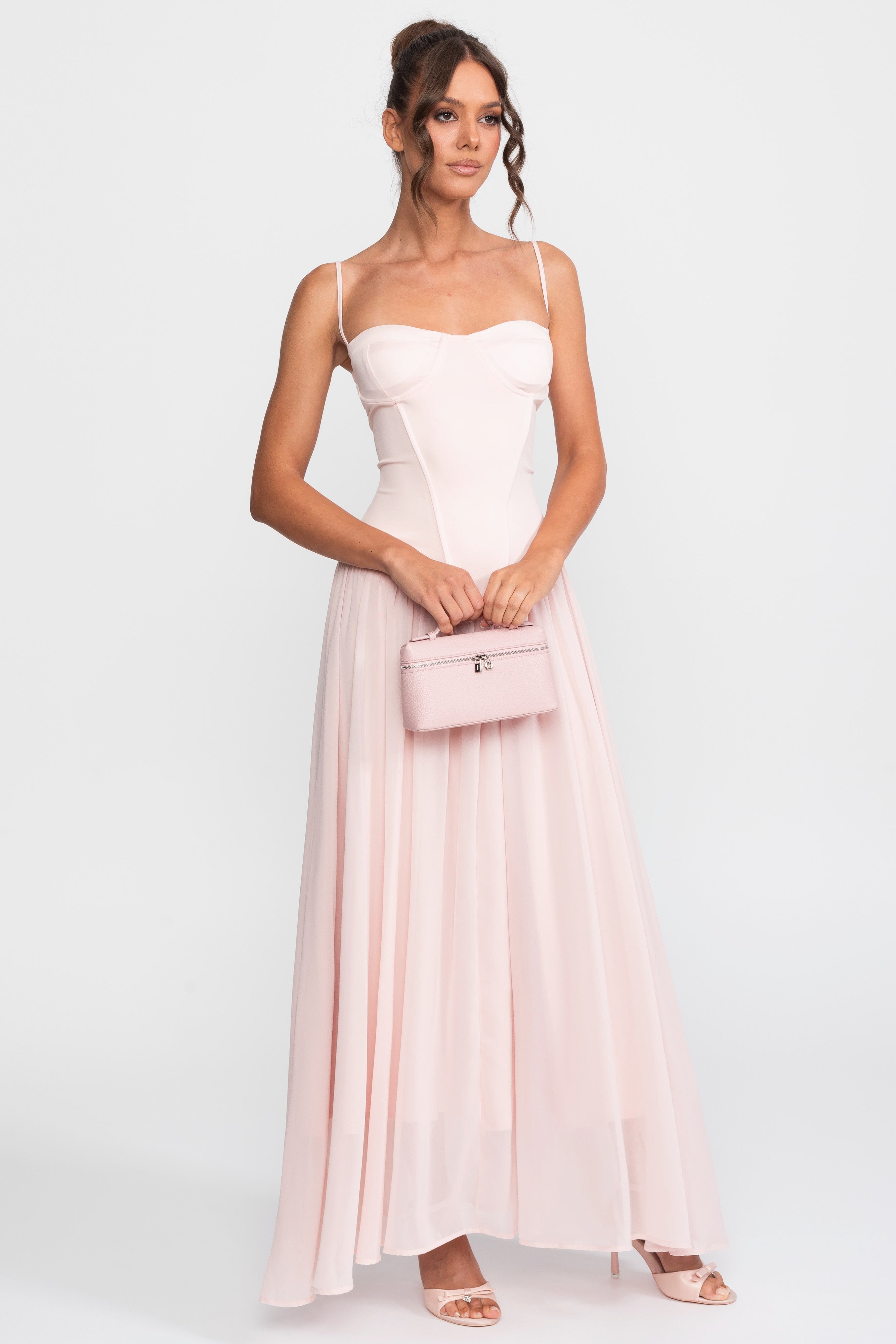 Corset Bodice Chiffon Gown With Dropped Waist - Pink