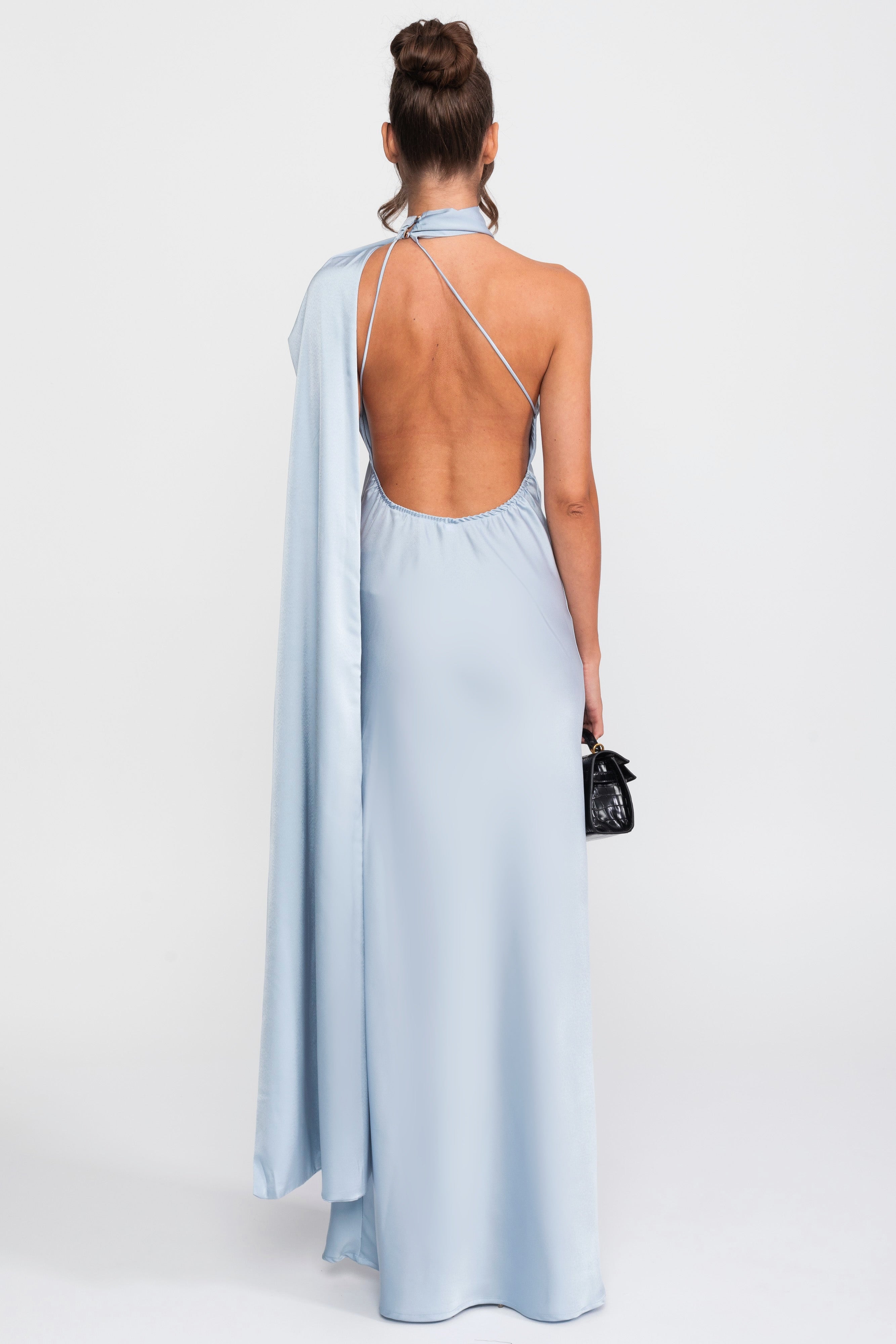Twist Halter Satin Slip Dress With Asymmetric Neckline - Blue