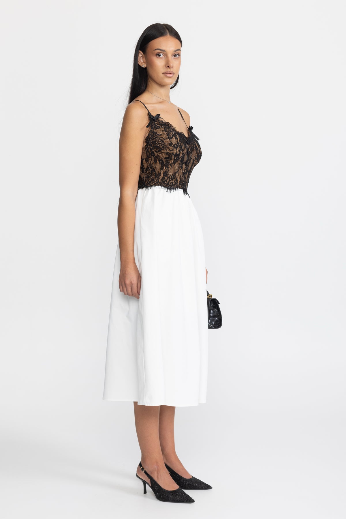 Lace Bustier Poplin Midi Dress - Black & White