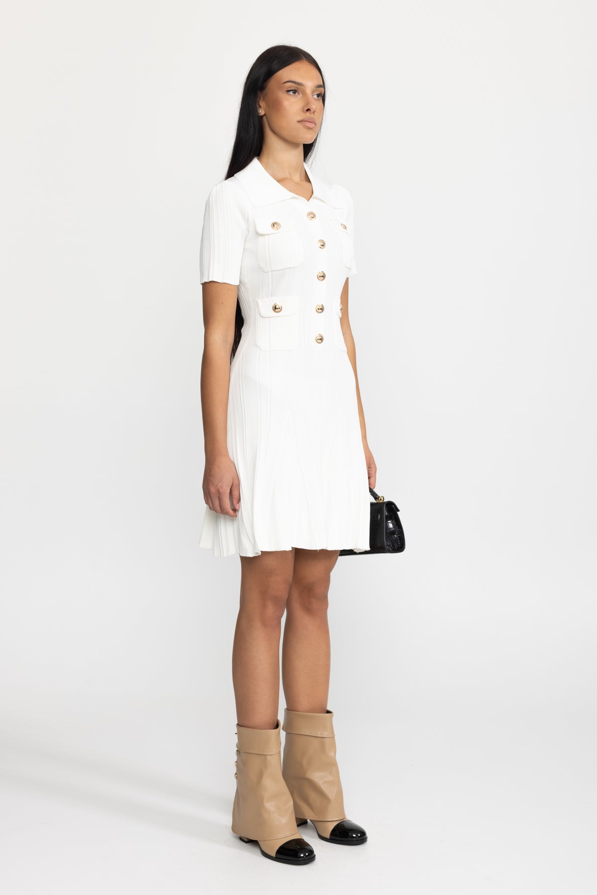 Polo Collar Rib Knit Mini Dress with Gold Buttons - White