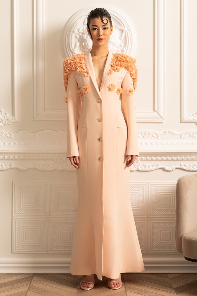 Long Overcoat With 3D Contrasting Floral Shoulder And Back Accents - Peach