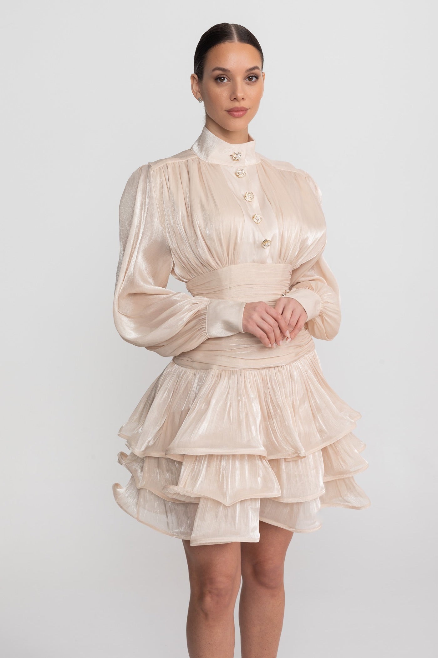Draped Long Sleeve Mini Dress With Tiered Ruffle Skirt - Champagne