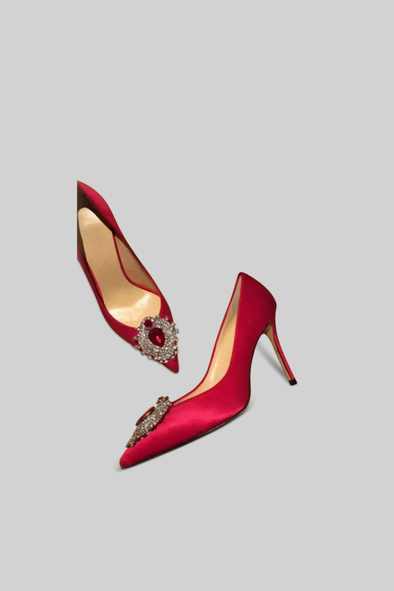 Satin Stiletto with Diamond Detail - Red
