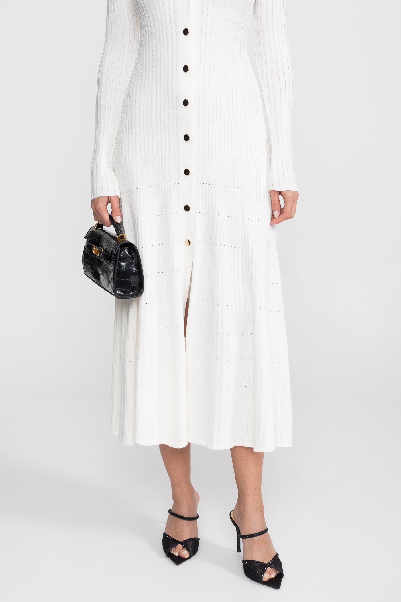 Long Sleeve Knit Midi Dress With Polo Collar And Monogram Patch - White