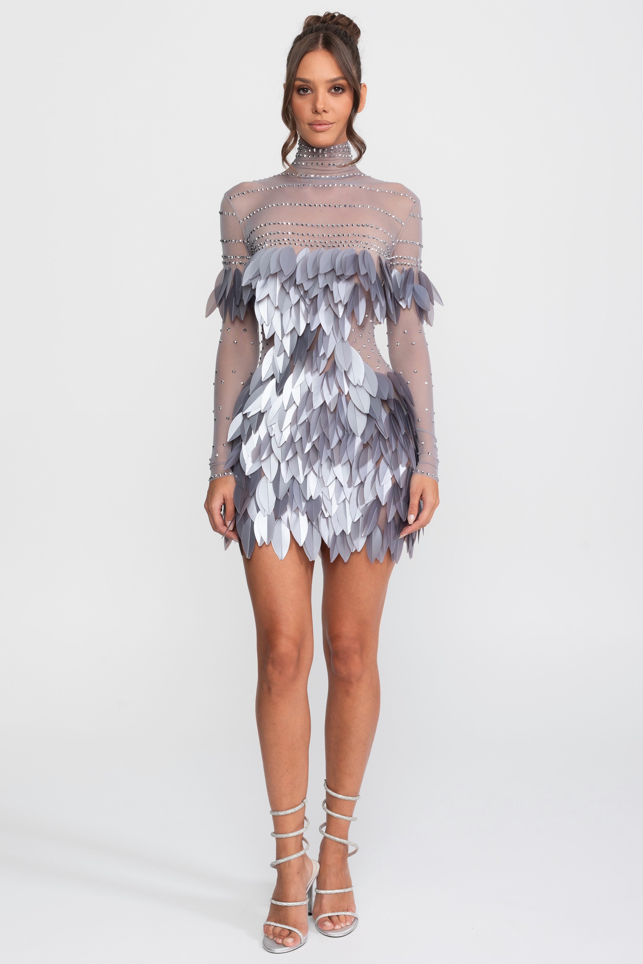 Sheer Mesh Feather-Panel Mini Dress With Crystal Neckline - Gray