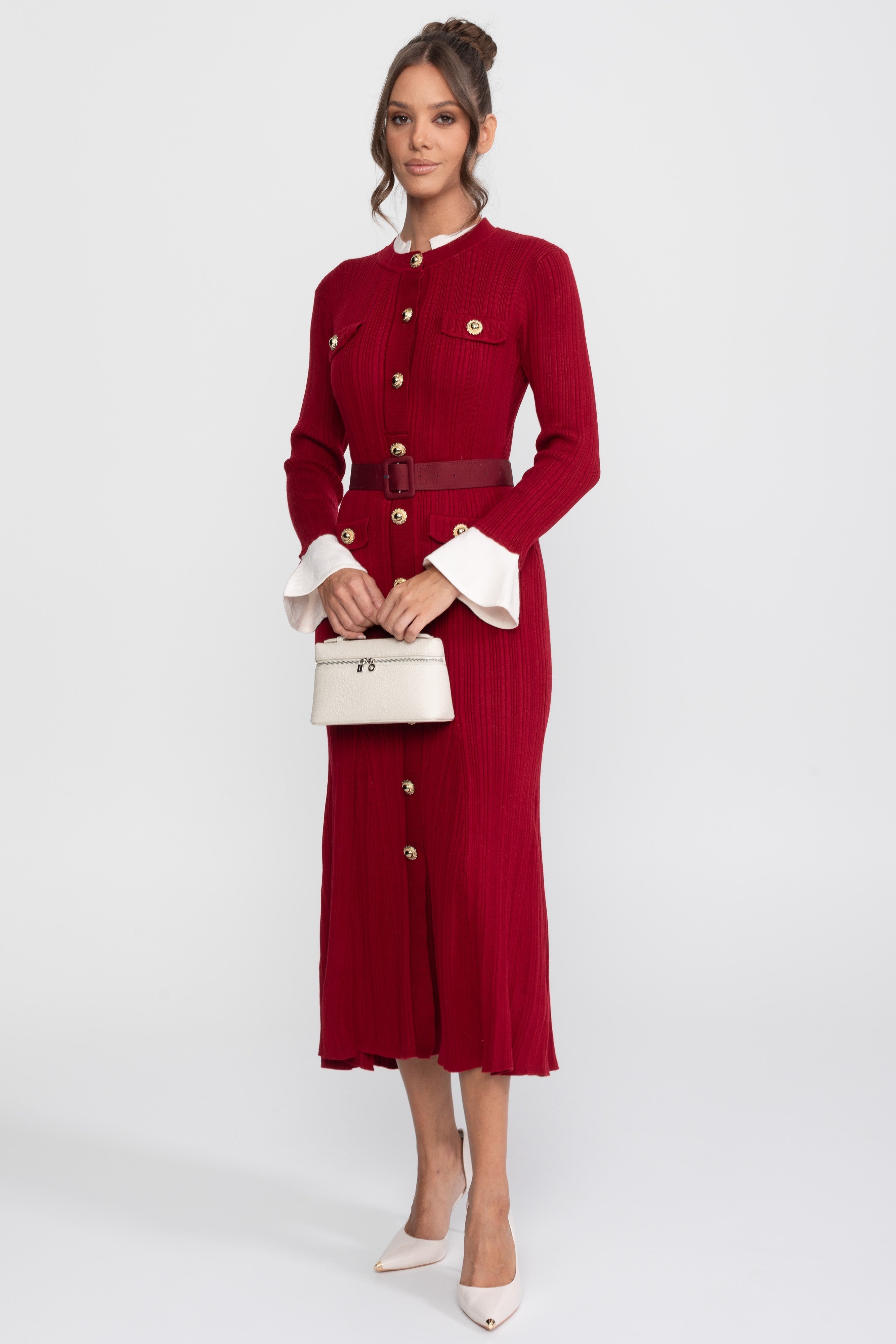 Ribbed Knit Belted Midi Dress With White Cuffs And Collar - Burgundy