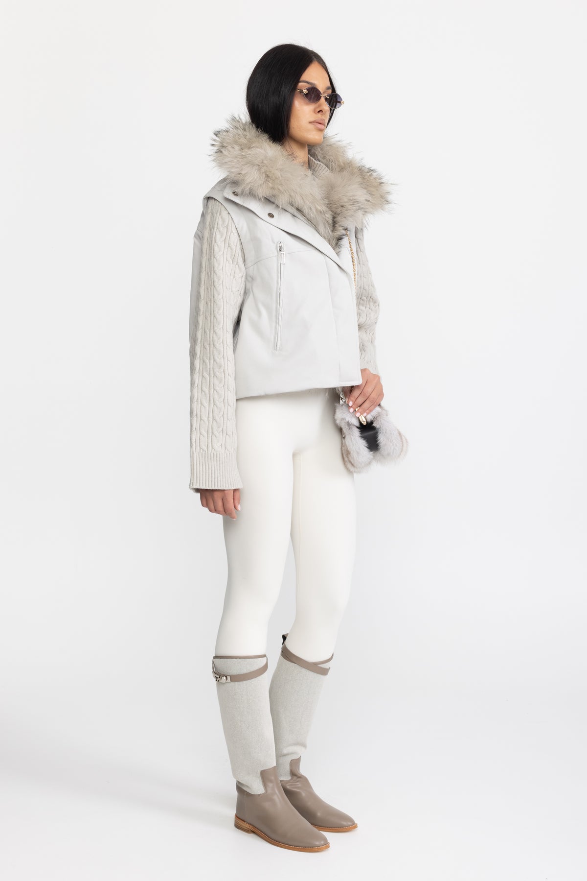 Cable Knit Sleeve Cropped Down Jacket with Raccoon Fur Collar - Light Grey