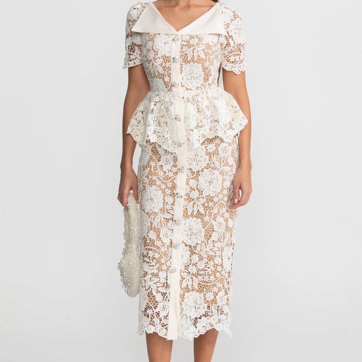 white lace plunge peplum frill midi dress Lace Midi Dress with Peplum Waist and Satin Collar