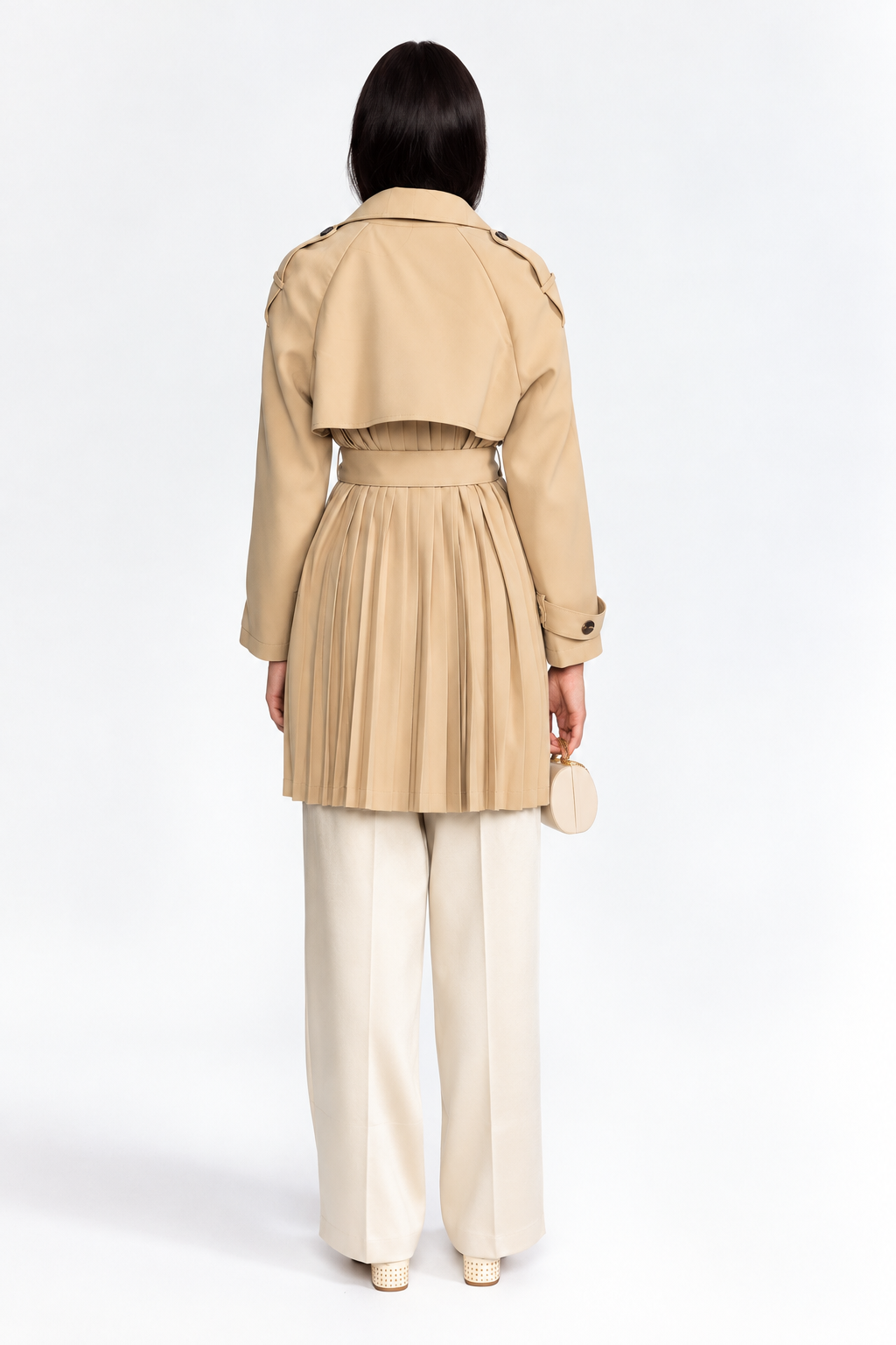 Pleated Back Belted Trench Coat - Khaki