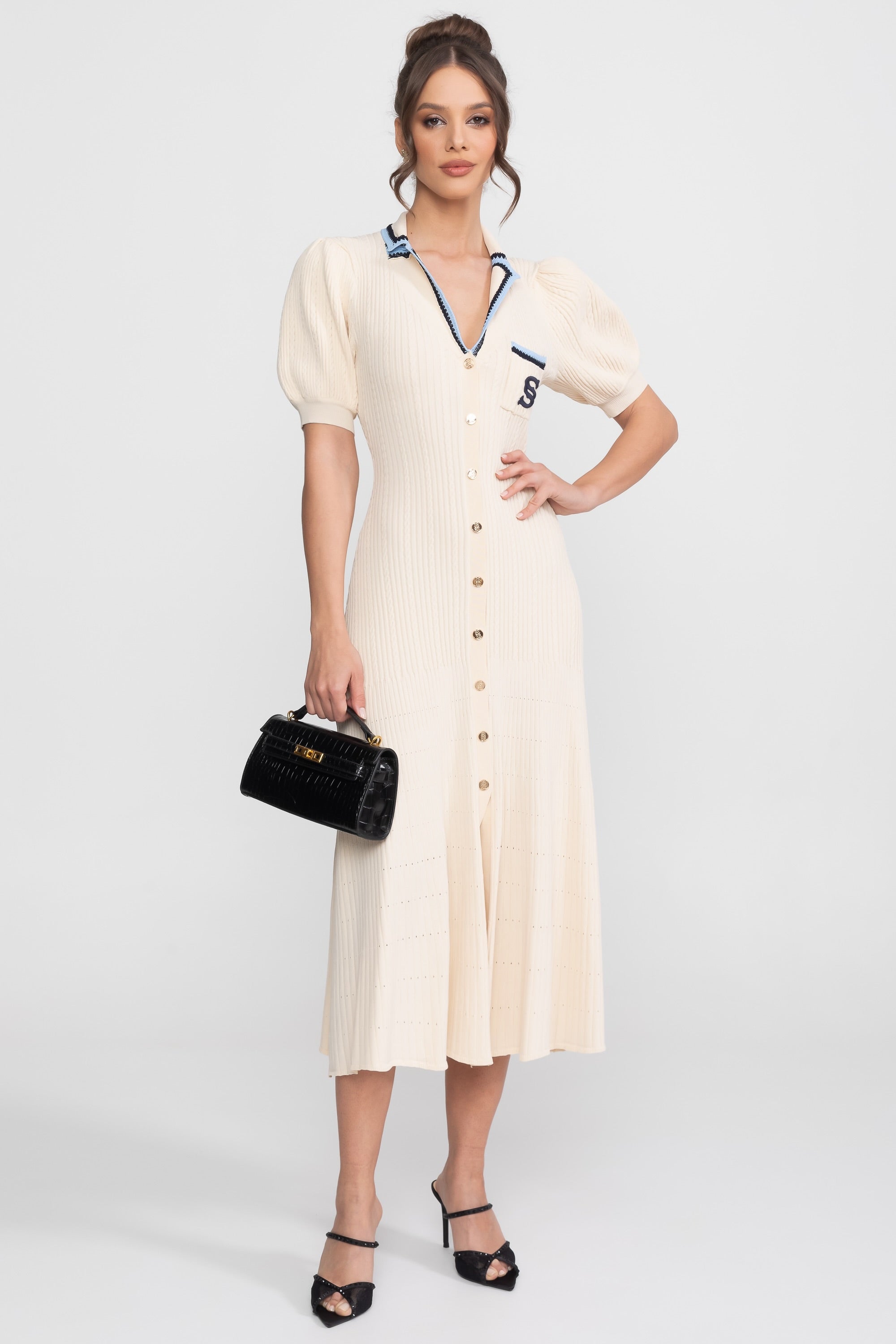 Short Sleeve Knit Midi Dress With Polo Collar And Monogram Patch - Cream