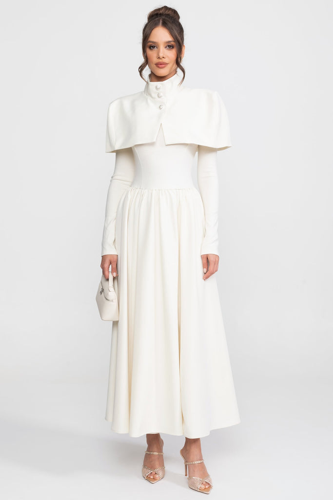 High-Neck Maxi Dress With Attached Capelet And Long Sleeves - White