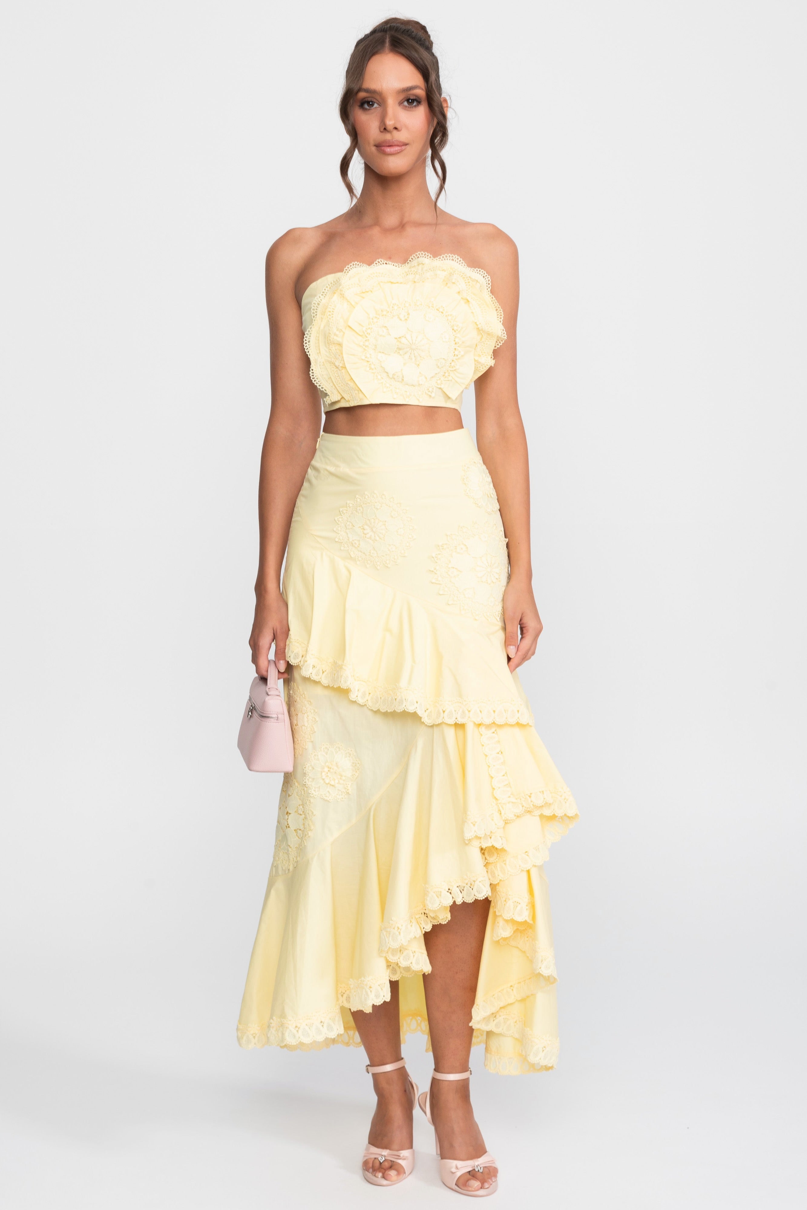 Crochet Medallion Two-Piece Set With Ruffled Maxi Skirt - Yellow