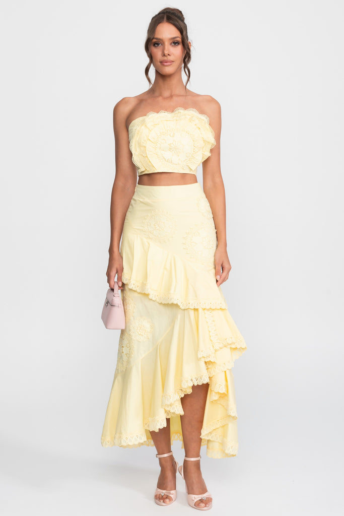 Crochet Medallion Two-Piece Set With Ruffled Maxi Skirt - Yellow