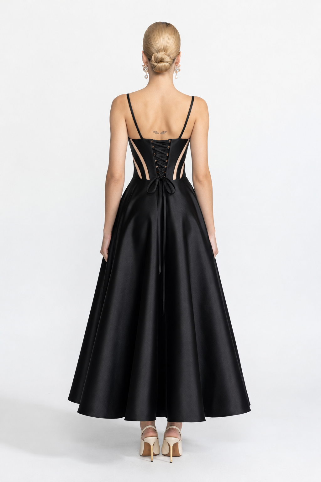 Sheer Panel Satin Corset Midi Dress - Black