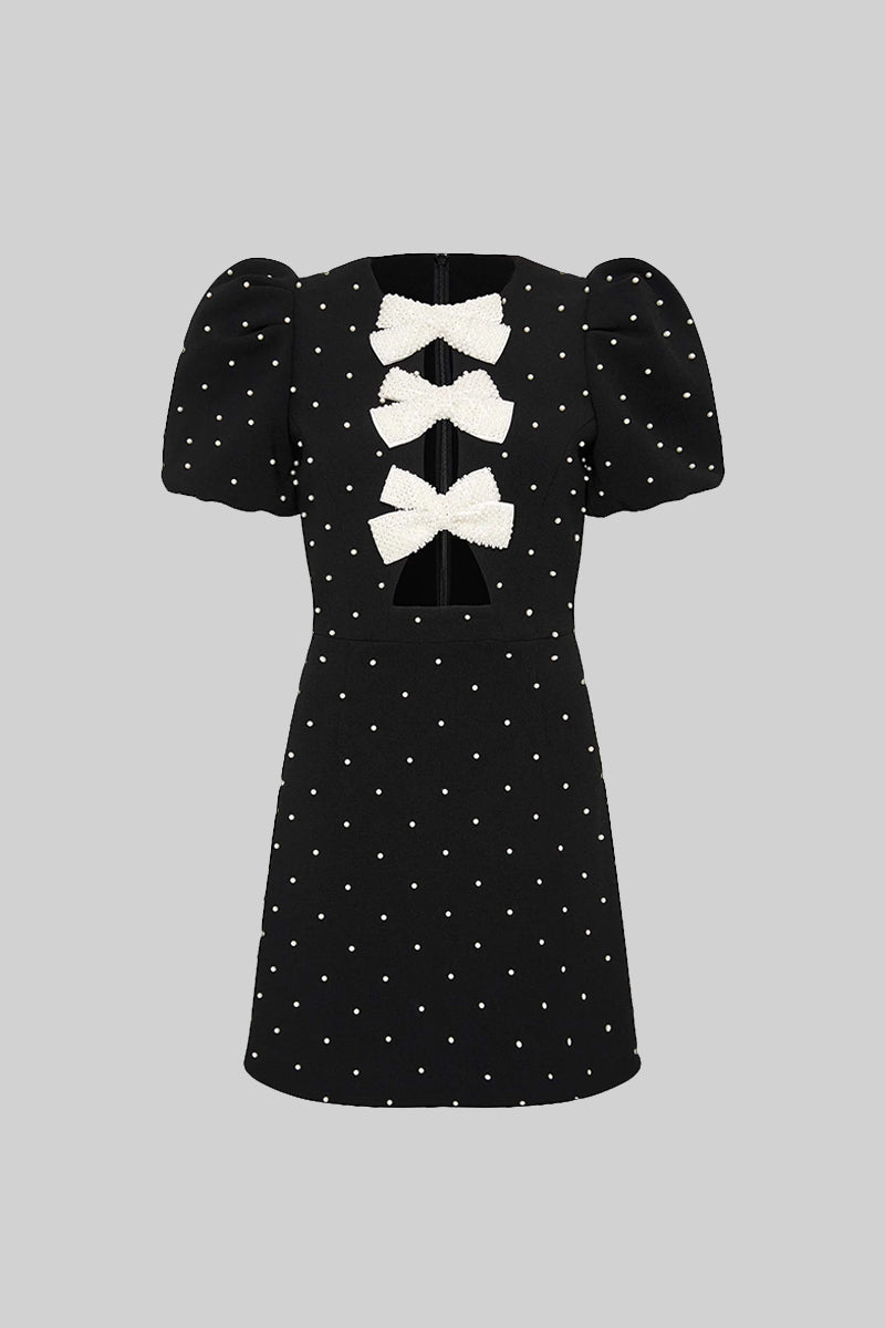 Short Sleeve Mini Dress with White Dots and Pearl Ribbons - Black