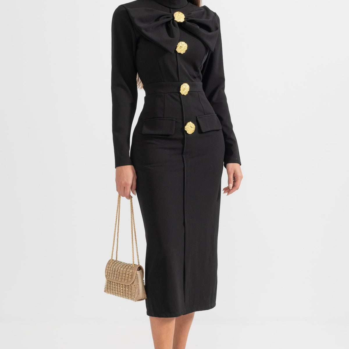 black bow collar long sleeve blazer sheath midi dress Elegant Bow-Collar Long-Sleeved Dress