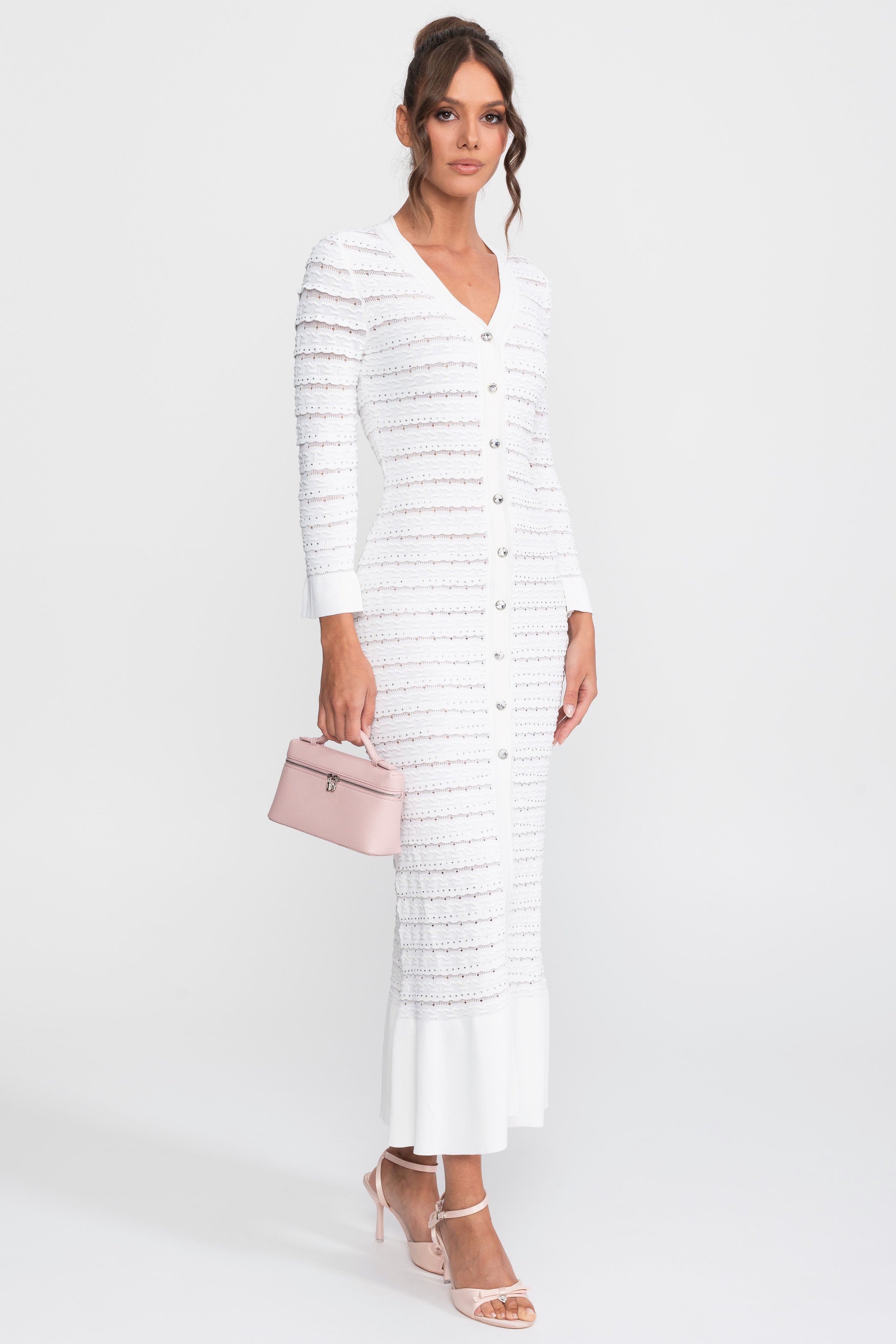 Textured Knit Maxi Cardigan Dress With Crystal Button - White