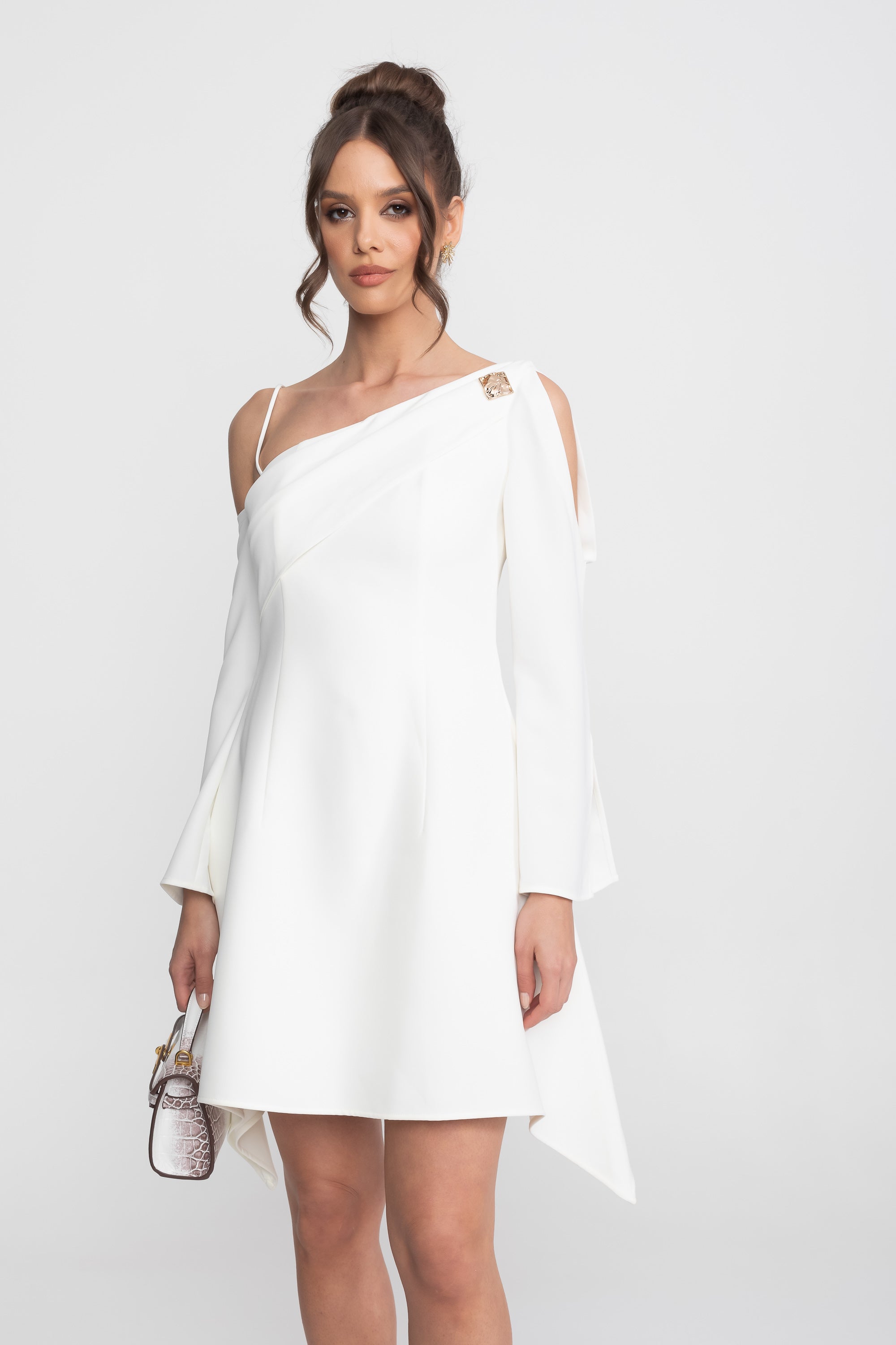 Asymmetric Cold-Shoulder Mini Dress With Long Sleeves And Gold Brooch - White