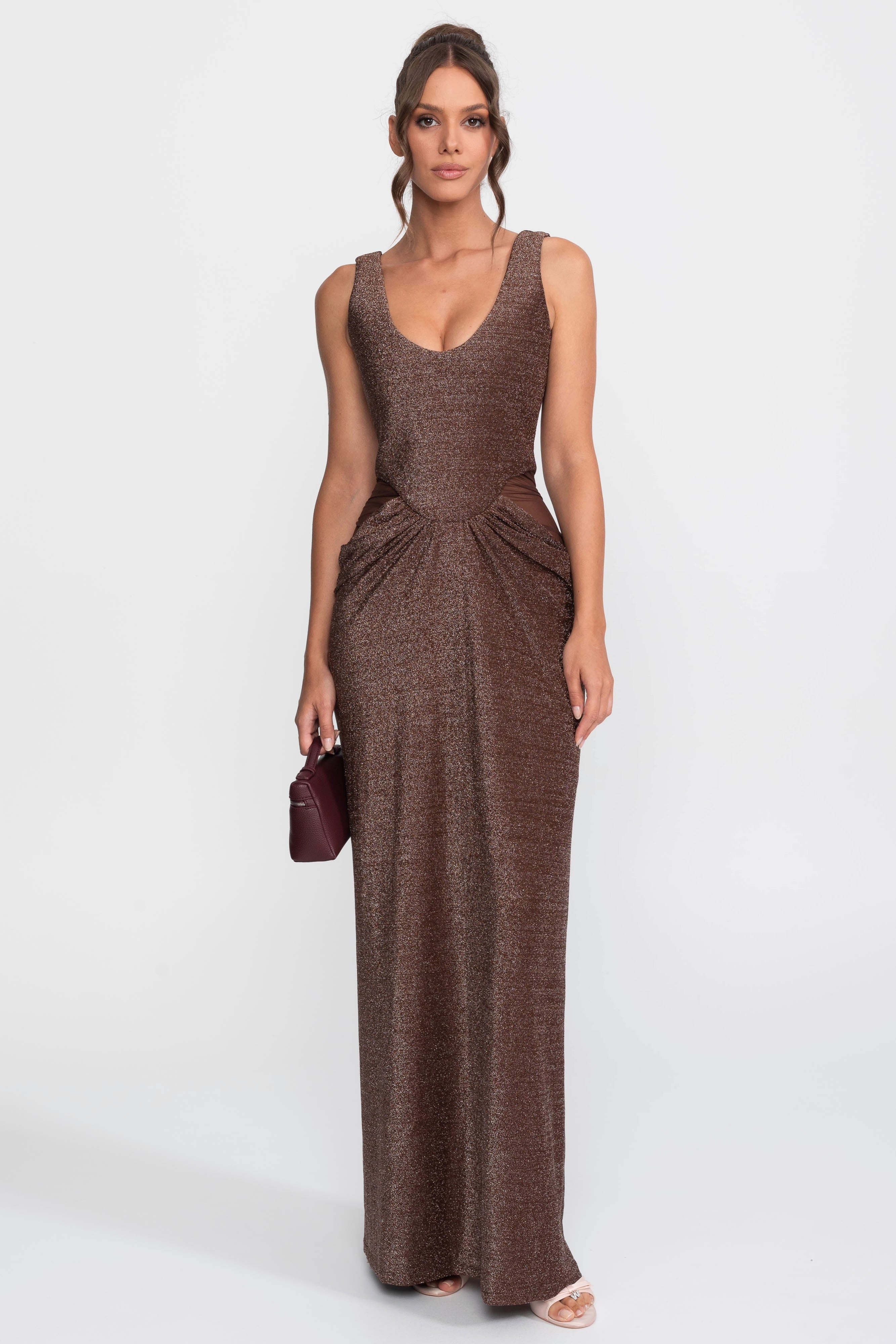 Metallic Knit Cutout Column Gown With Scoop Neck - Coffee