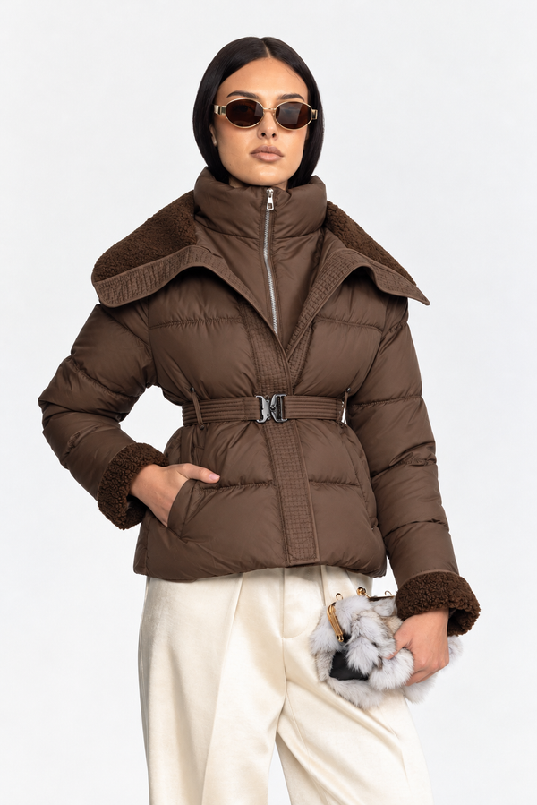 Belted Puffer Jacket with Teddy Collar - Coffee