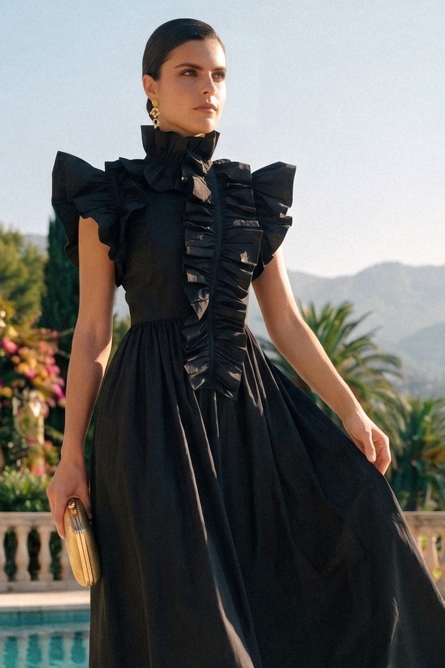 High-Neck Maxi Dress With Dramatic Ruffle Bib Front - Black