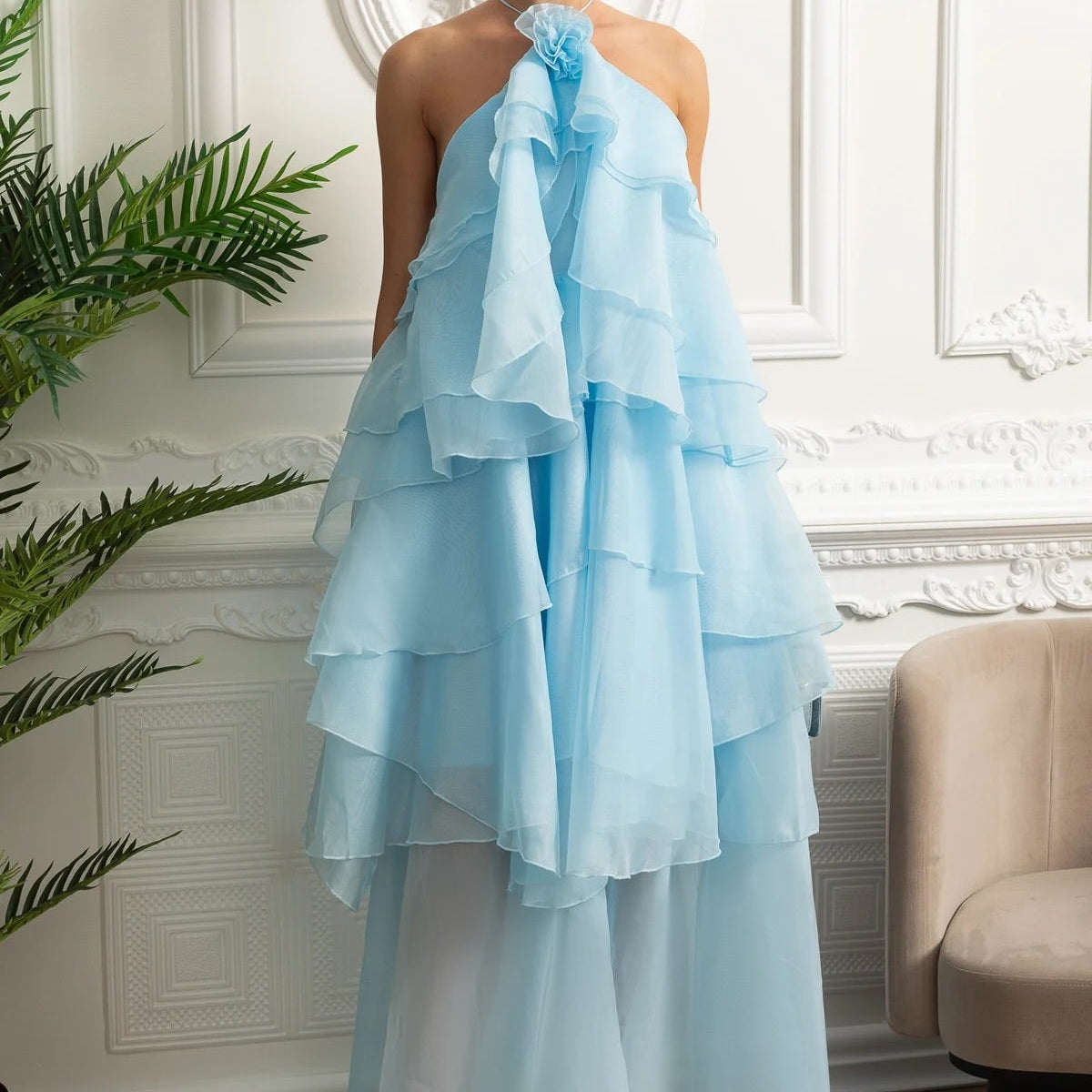 lana ruffle tiered halter dress Maxi Floral halter neck