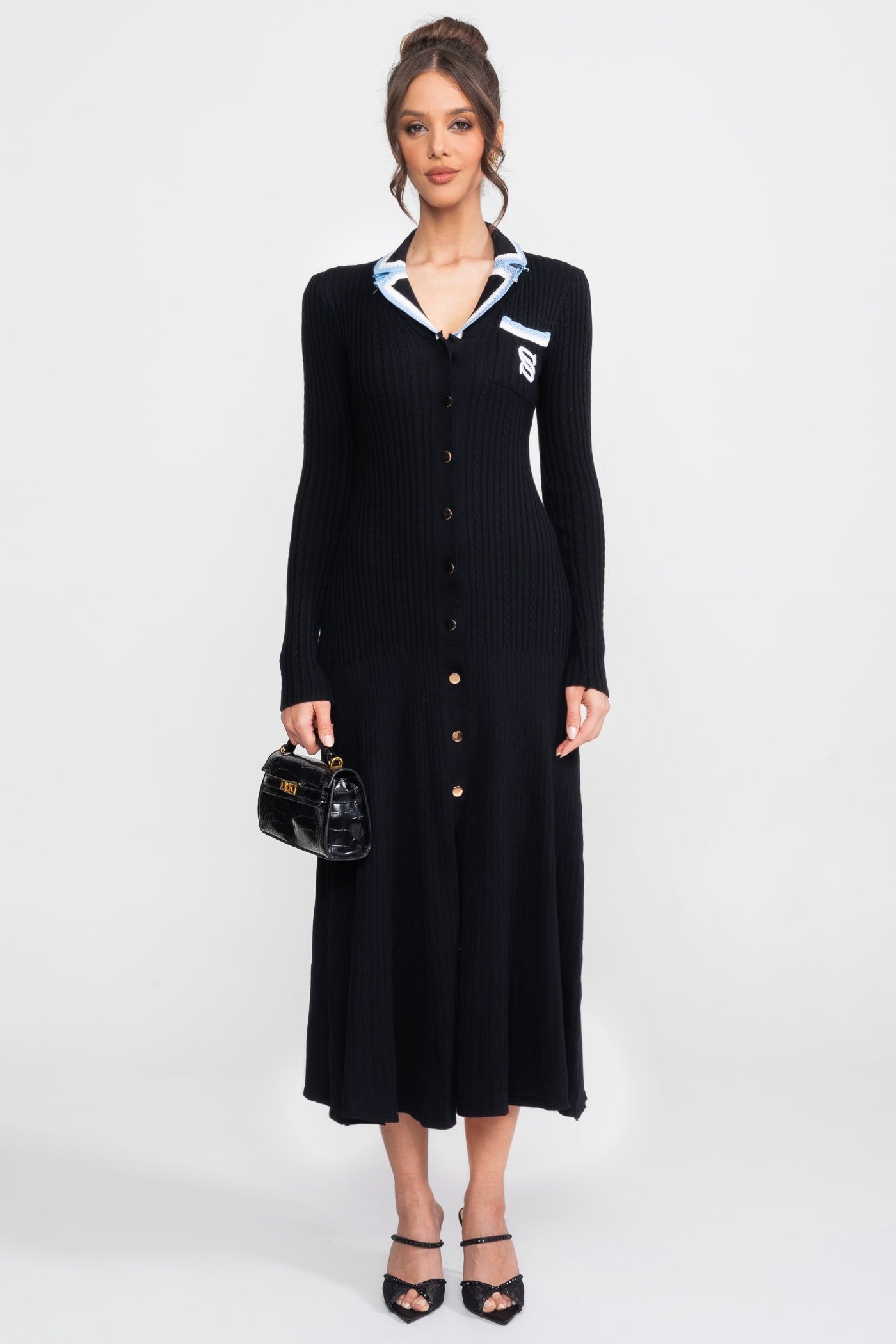 Long Sleeve Knit Midi Dress With Polo Collar And Monogram Patch - Black