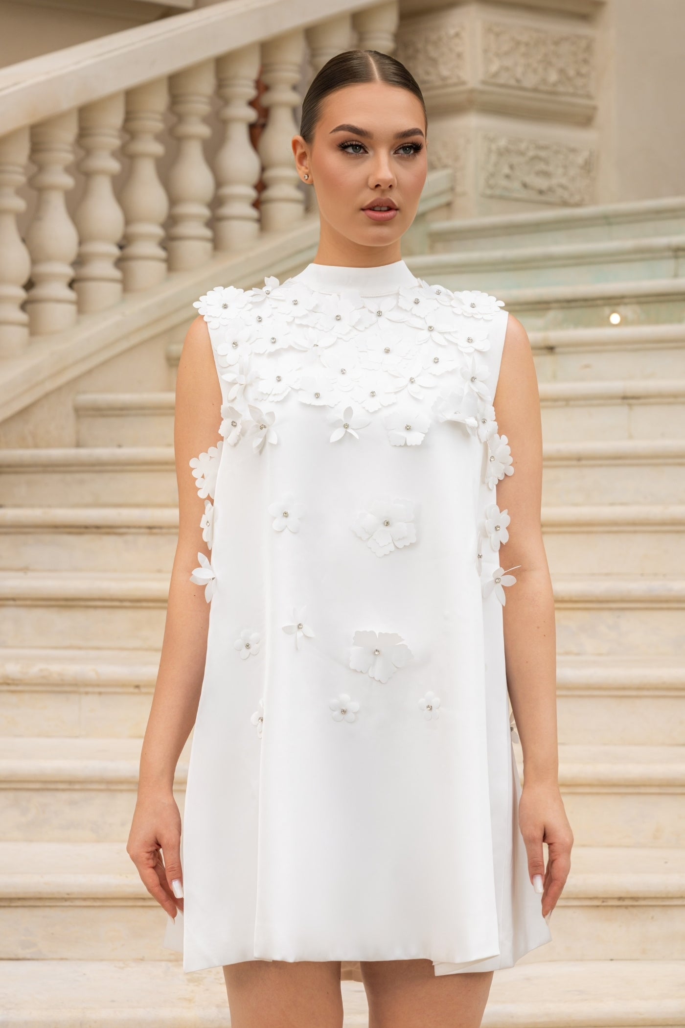 Loose Floral Applique Mini Dress - White