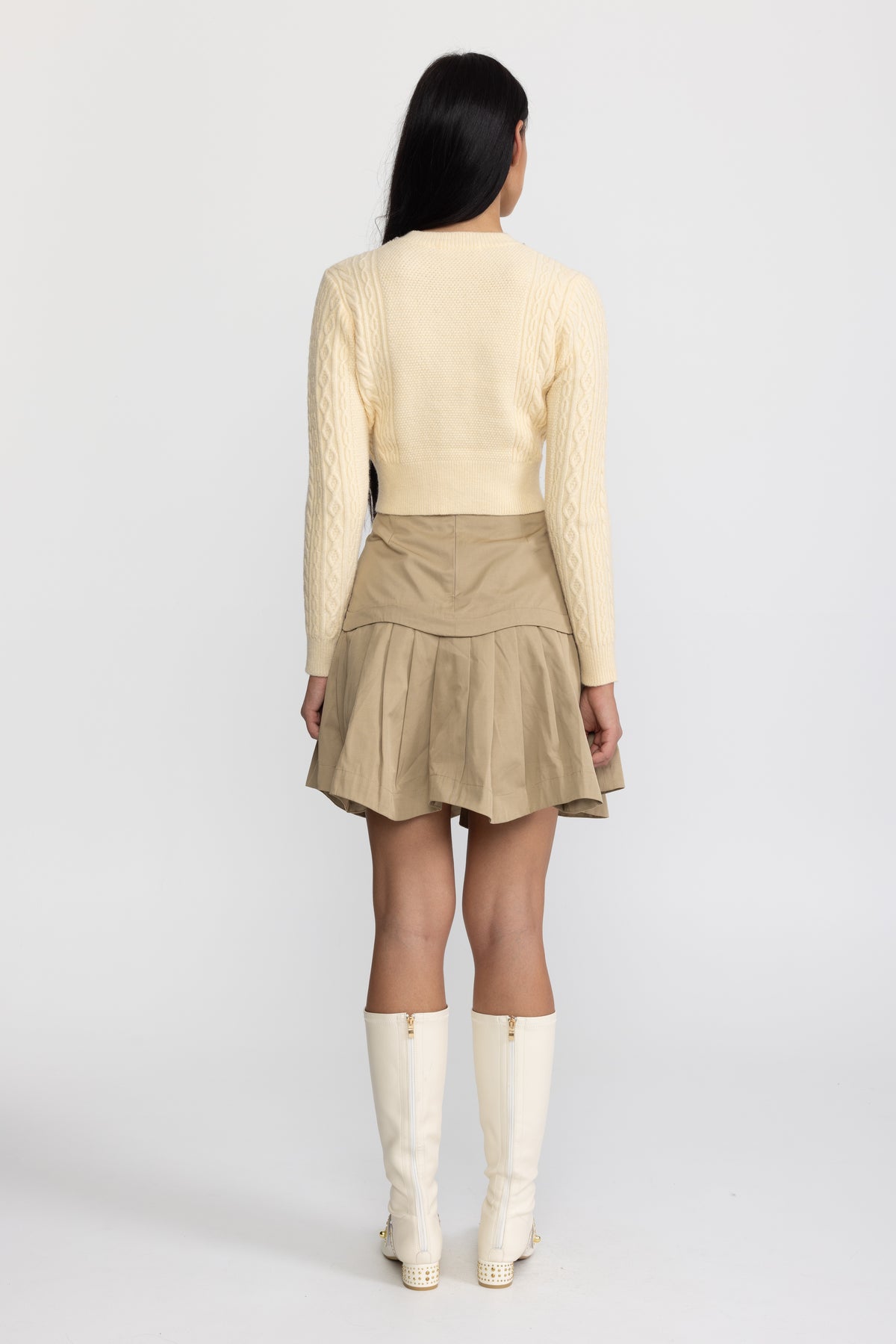 Scalloped Yoke Pleated Mini Skirt - Khaki