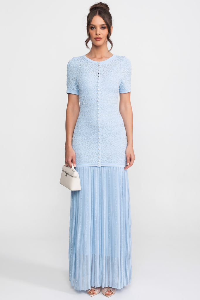 Short Sleeve Midi Dress With Pearl Embellishments - Powder Blue