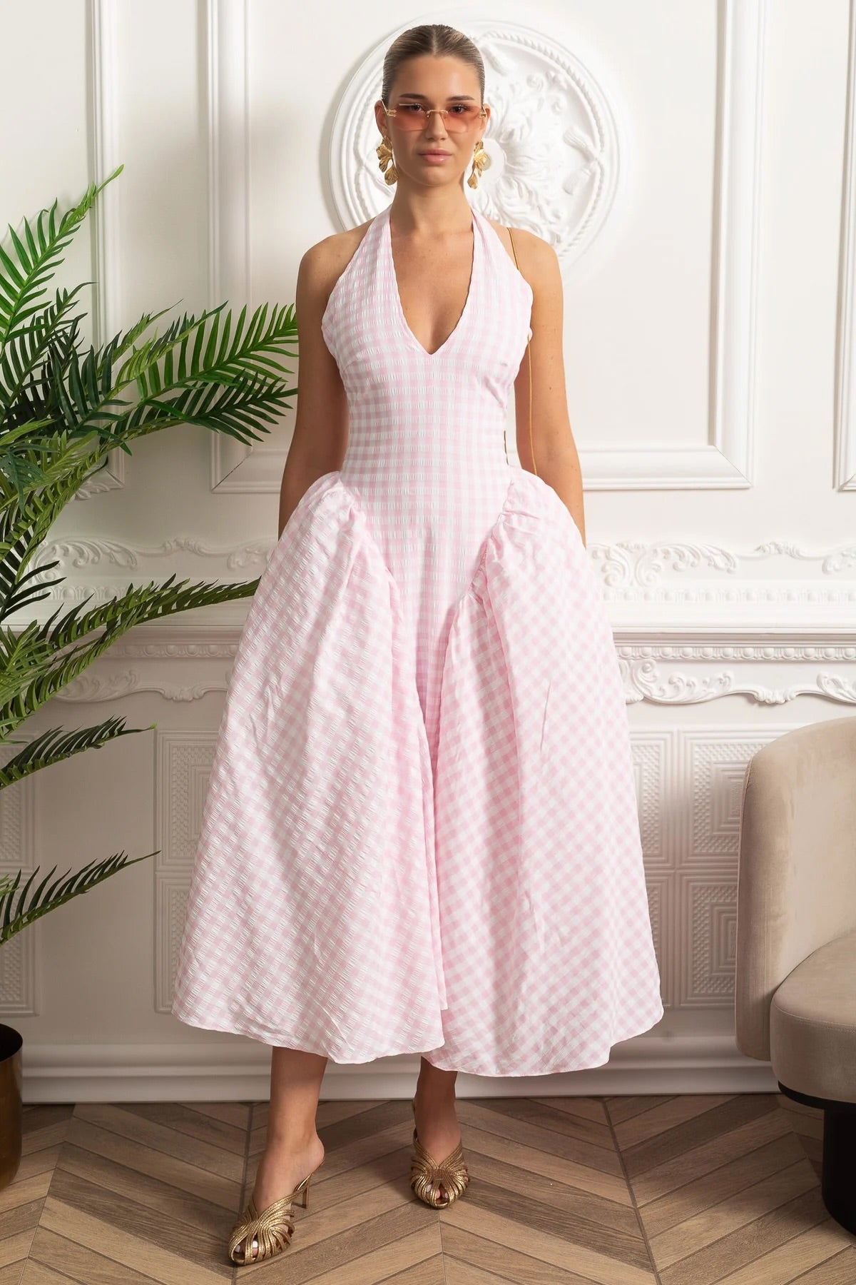Pastel Checked Halter Dress with Voluminous Skirt - Pink