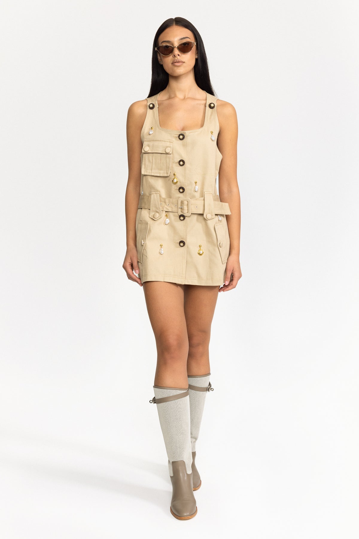 Pearl Charm Cotton Utility Mini Dress - Khaki