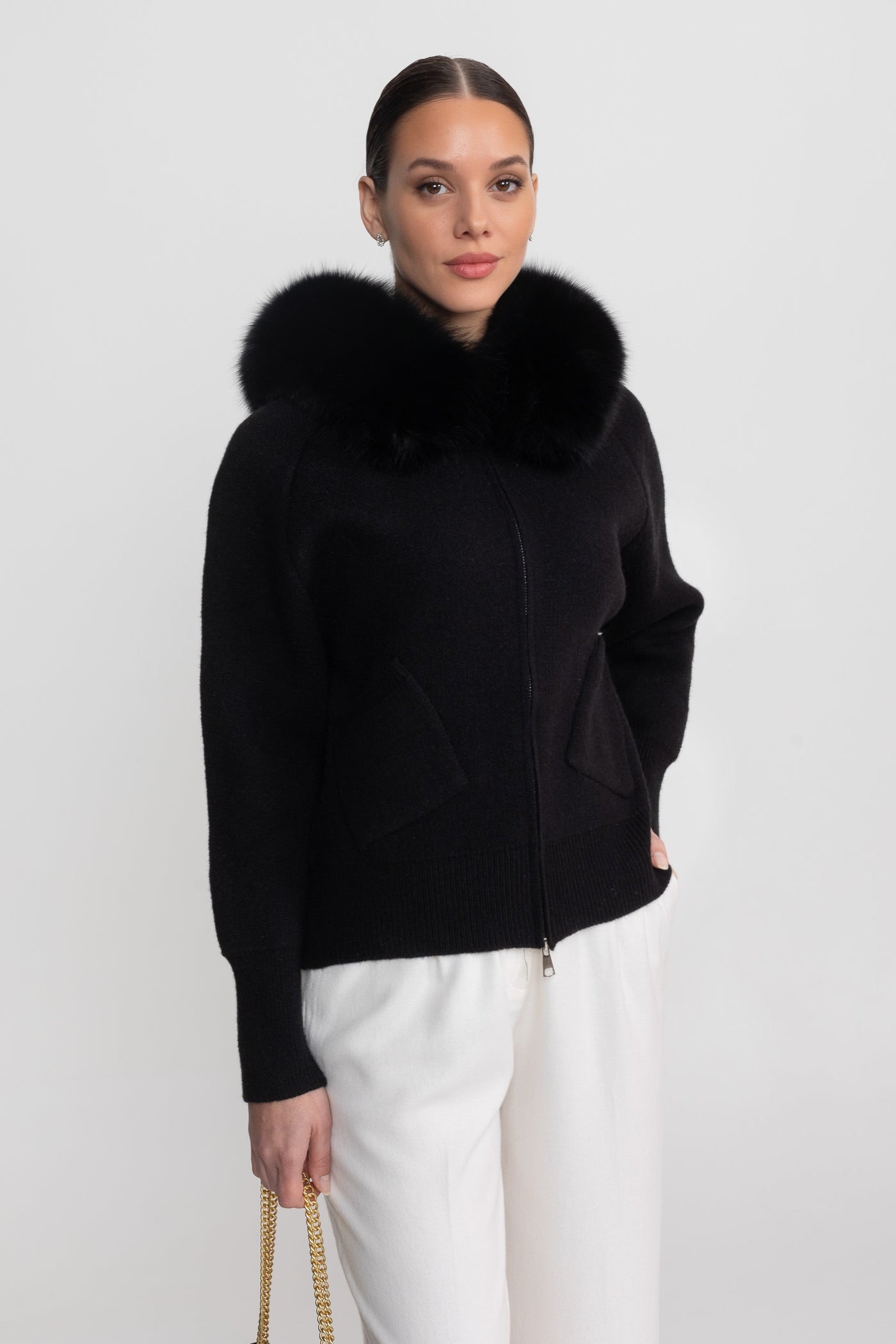 Zip-Up Wool Hoodie With Fox Fur Collar – Black
