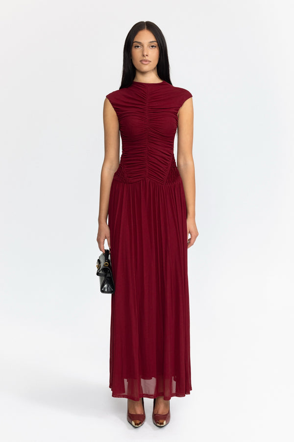 Ruched Mesh Drop Waist Maxi Dress - Wine