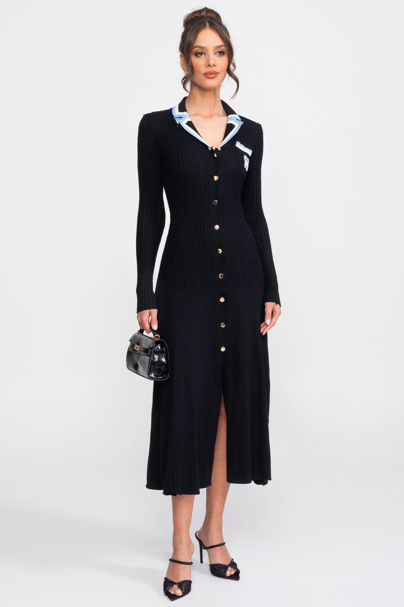 Long Sleeve Knit Midi Dress With Polo Collar And Monogram Patch - Black