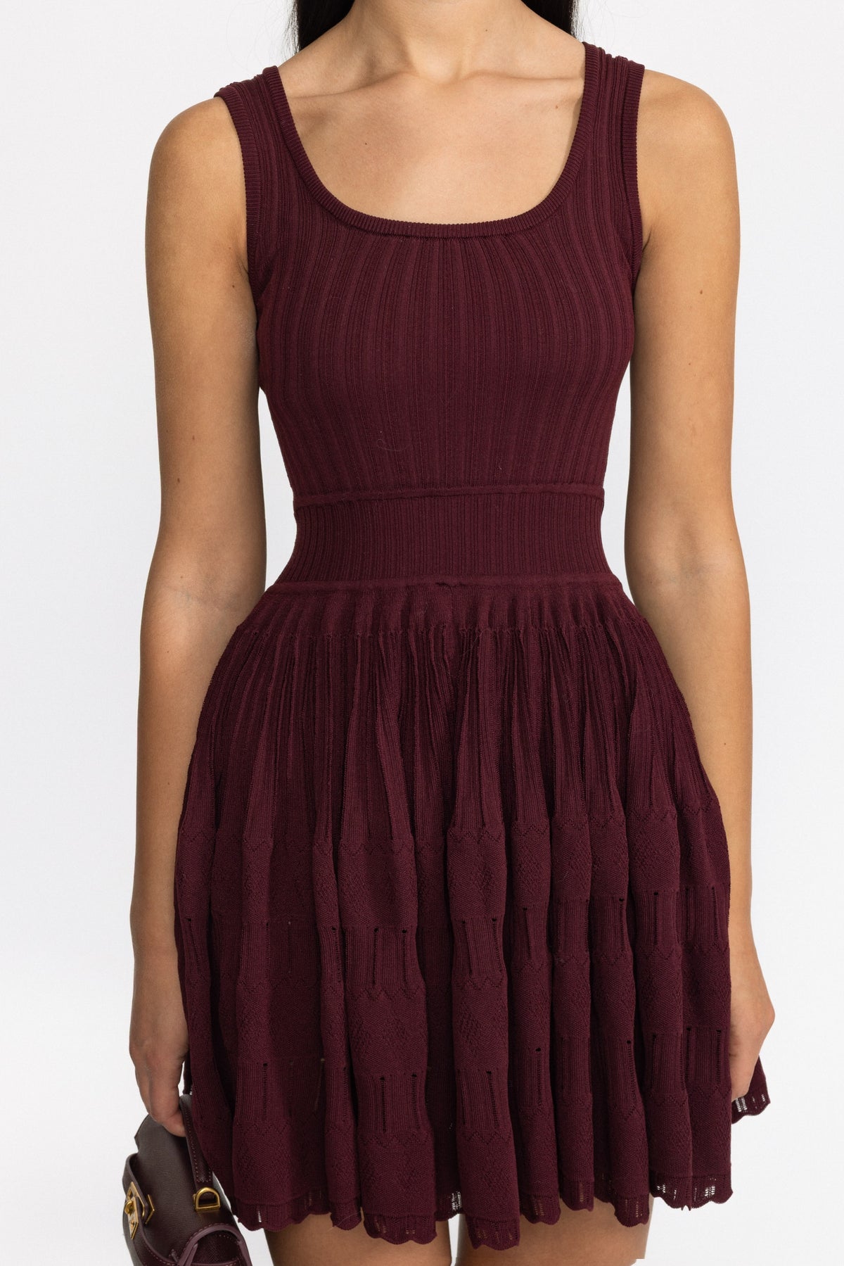 Pointelle Knit Skater Mini Dress - Wine