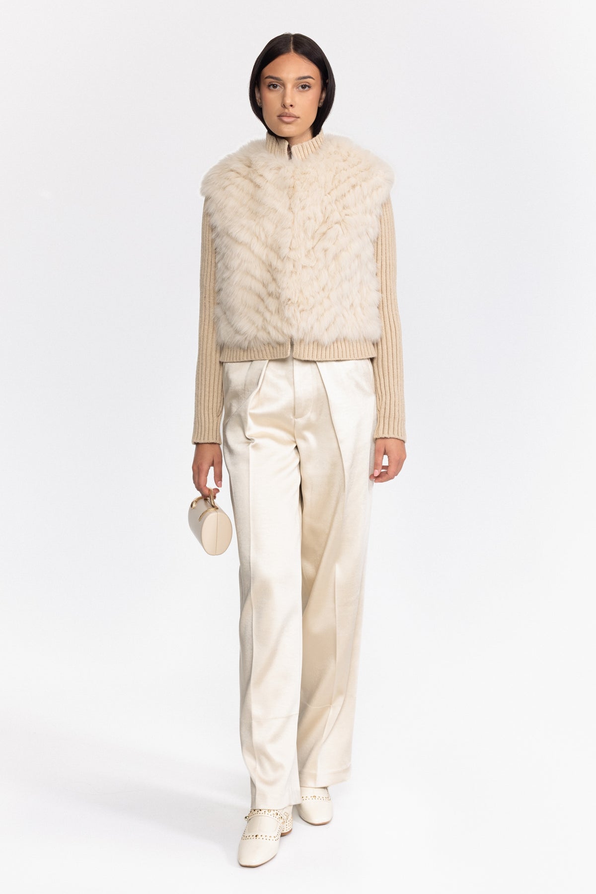Knitted Fox Fur Jacket with Rib Knit Sleeves - Beige