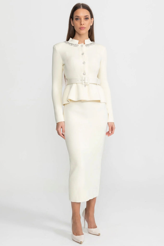 Midi Dress with Peplum Waist and Crystal Collar – Ivoire
