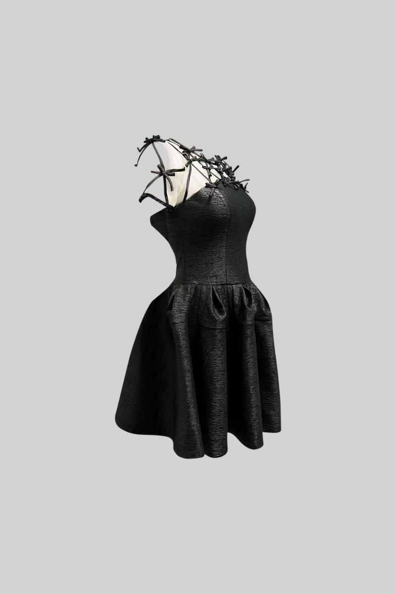 Short Sleeve Dress with Mini Ribbons - Black