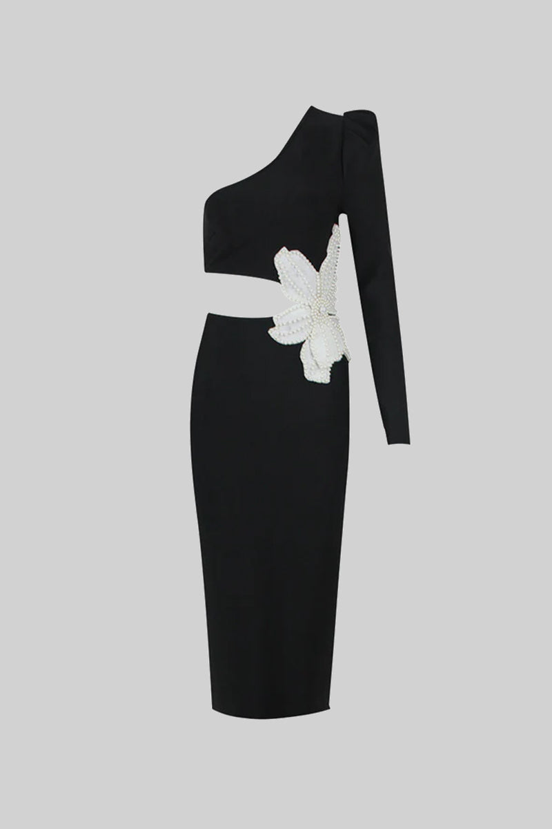 Midi Dress with Contrastant Flower Detail - Black