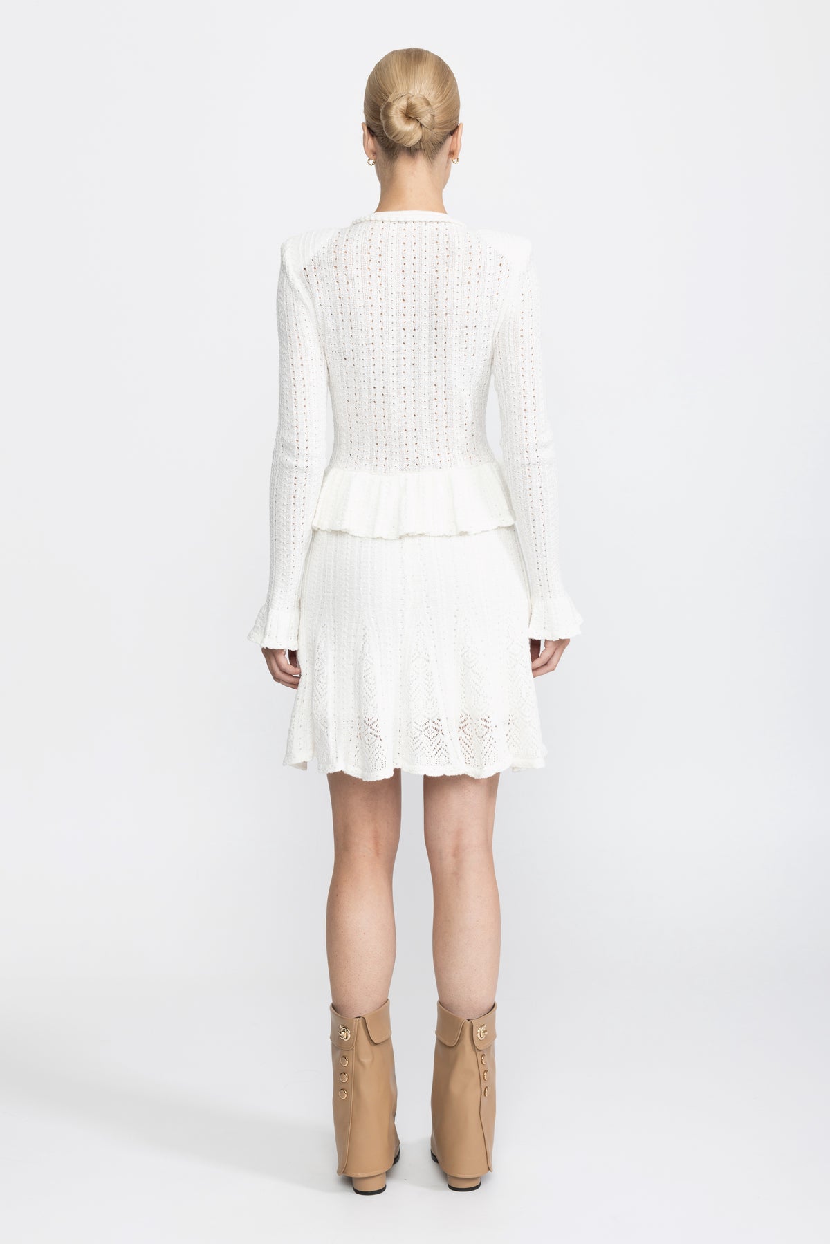 Pointelle Knit Peplum Mini Dress with Pearl Flower Buttons - White