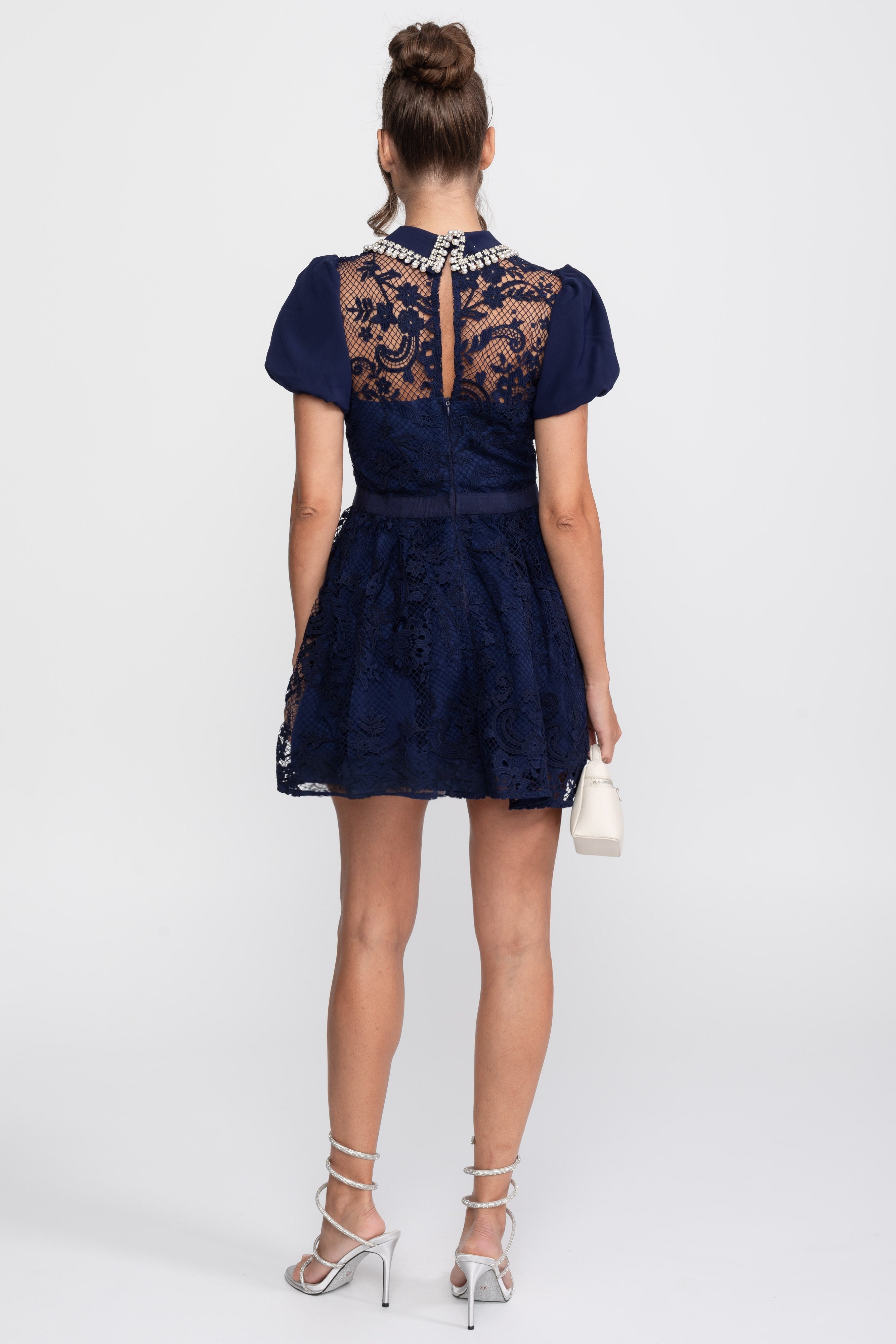 Puff Sleeves Lace Mini Dress With Pearl Collar - Navy