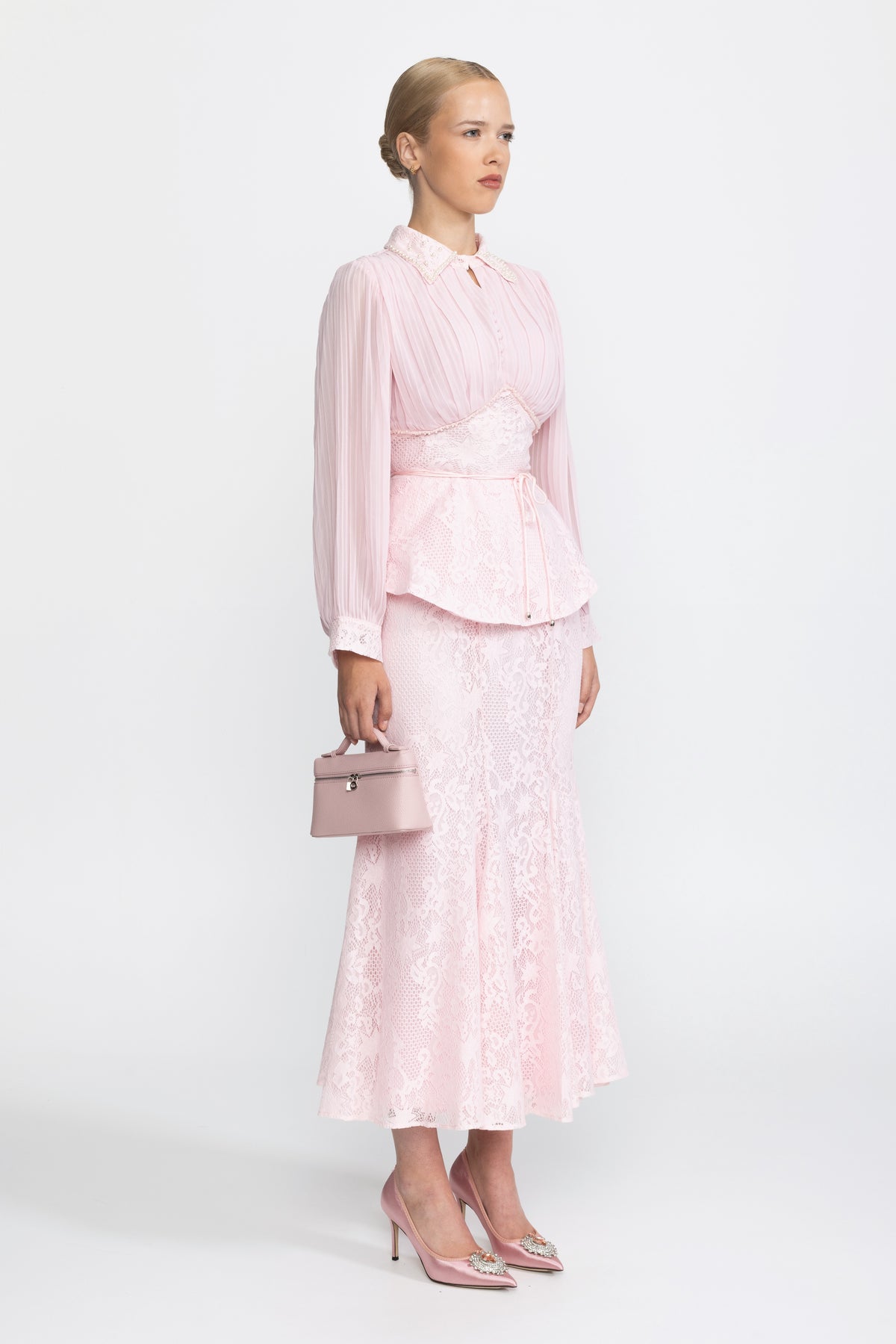 Pleated Chiffon Lace Peplum Blouse and Maxi Skirt Set - Pink