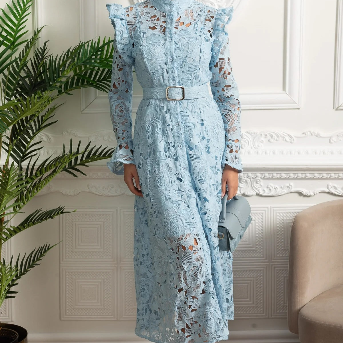 Lace Midi Dress with Ruffled Shoulders and Floral Detailing - Blue, S