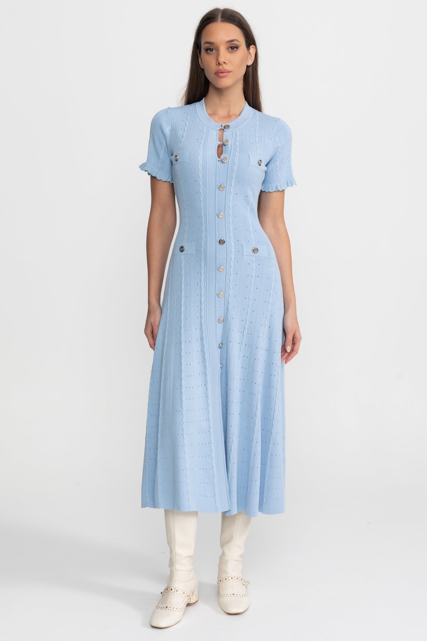 Knit Button-Front Midi Dress with Scalloped Sleeves – Baby Blue