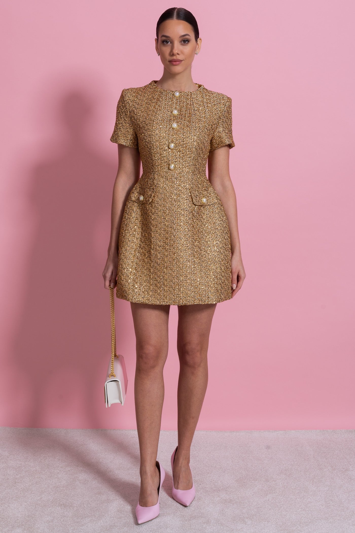 Tweed Mini Dress With Round Neckline And Pearl Button Detail - Gold