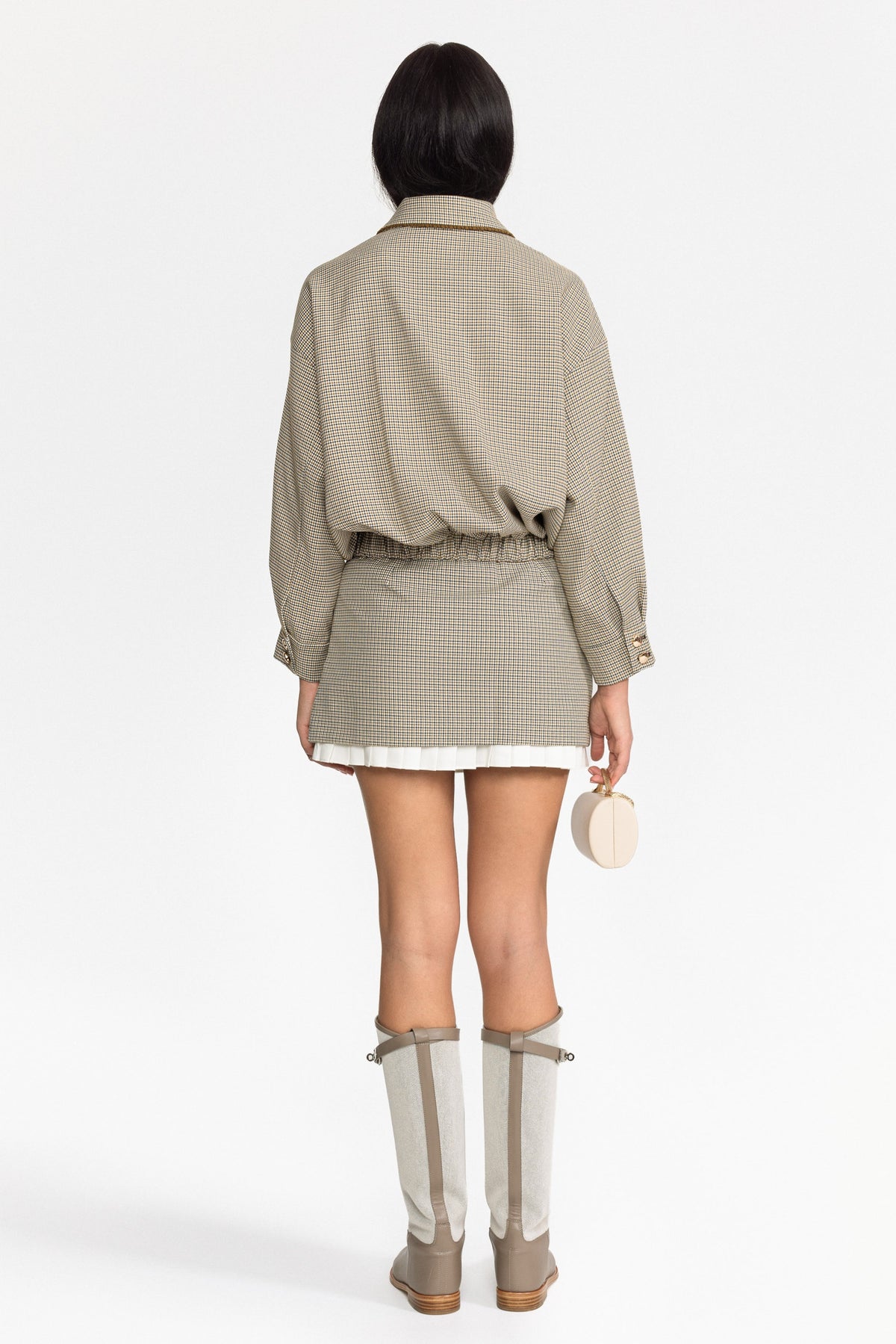 Houndstooth Bomber Jacket and Pleated Mini Skirt Set - Beige