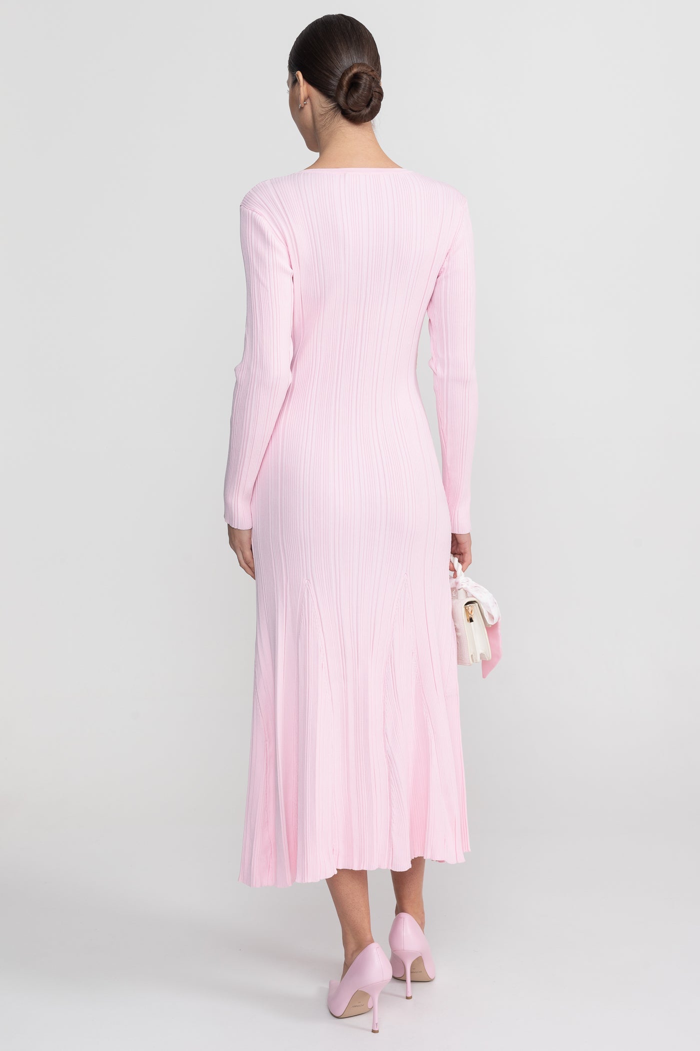 Ribbed Long Sleeve Midi Dress With Lace-Trim V-Neckline - Baby Pink